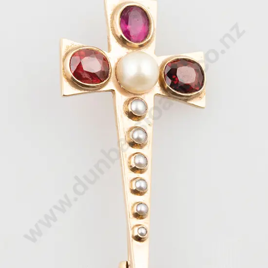 9ct Three Gem & Cultured Pearl Cross Brooch