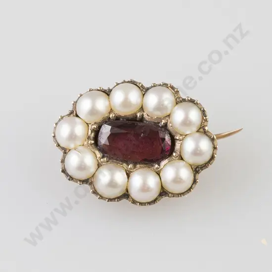 Vict Gold Garnet & Half Pearl Memorial Brooch