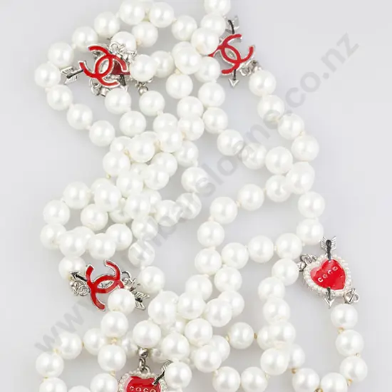 Chanel Style Emblem and Imitation Pearl Long Length Necklace