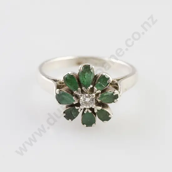 18ct White Gold Emerald & Diamond Floret Cluster Ring