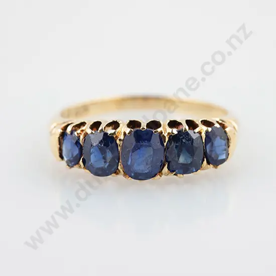 9ct Victorian Five Stone Imitation Sapphire Bridge Ring