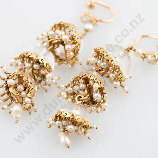 Indo Persian Design Gold Crystal & Pearl Pendant Earrings