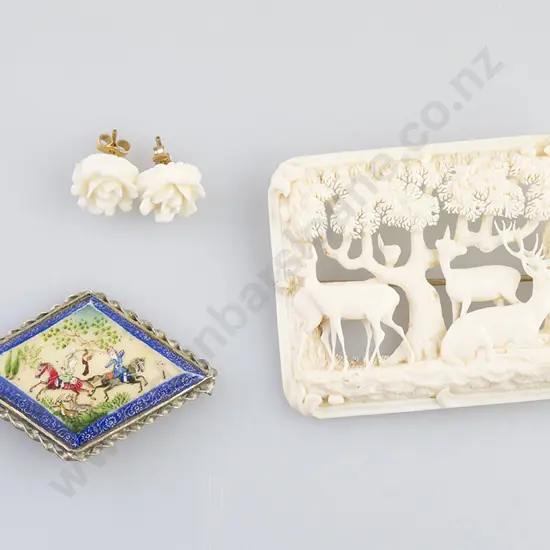 Finely Carved Ivory Forest Scene Brooch & Others