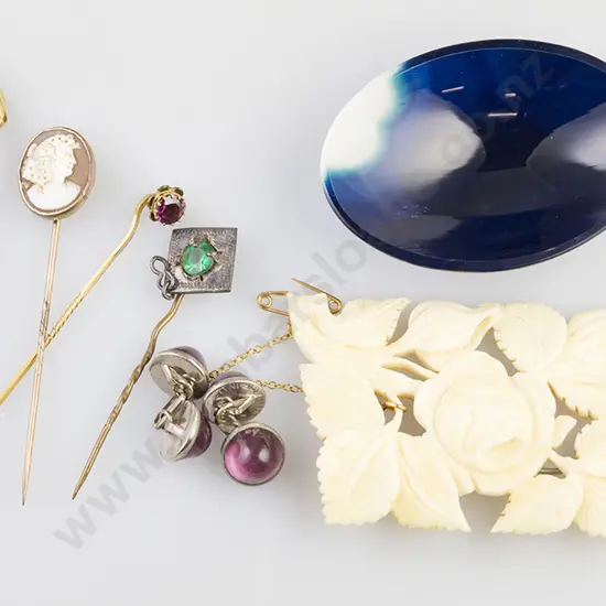 Rose Carved Ivory Panel Brooch & Various