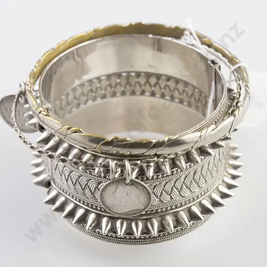North African Wide Silver Bangle & Two Others