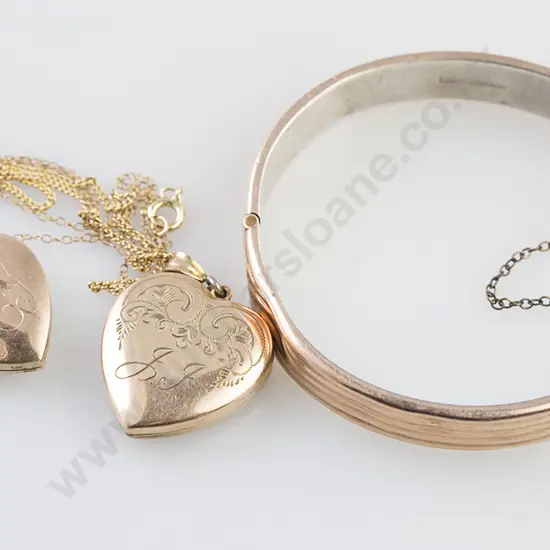 9ct Silver Lined Hingled Snap Bangle and two heart lockets