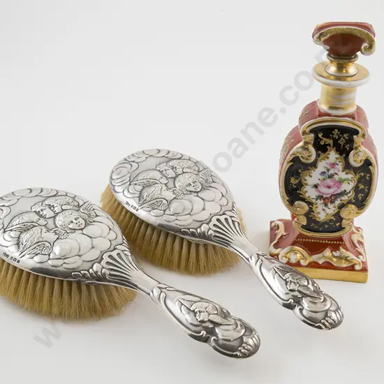 Pair S/S Gainsborough Angel Pattern Vanity Brushes and Scent Bottle
