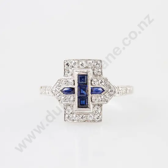 Art Deco All Platinum Diamond & Sapphire Cluster Ring