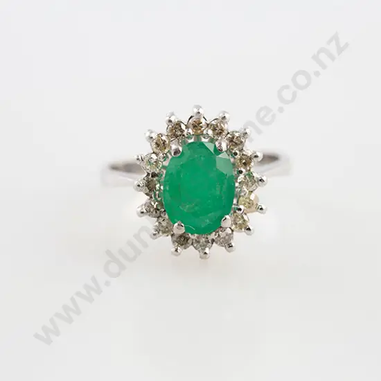 18ct White Gold 17stone Emerald & Diamond Cluster Ring