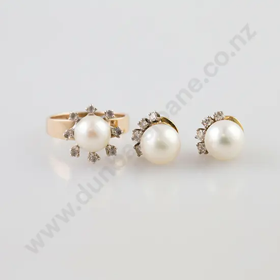 9ct Single Cultured Pearl and Diamond Cluster Ring with Matching Earrings