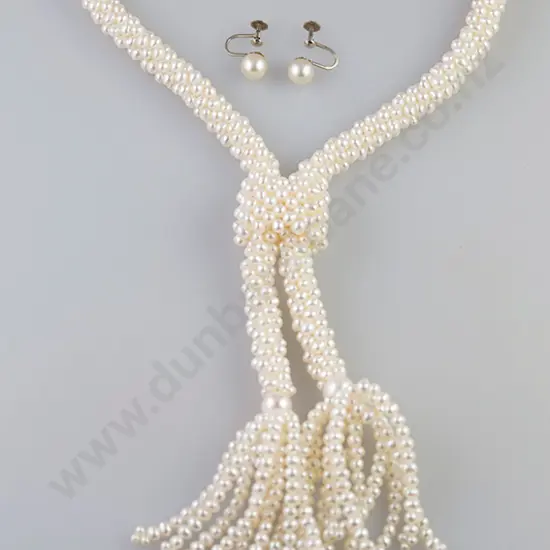 Woven Freshwater Pearl Rope Necklace and Earrings