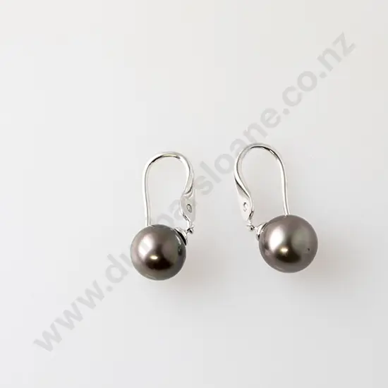 Pair 9ct White Gold Diamond & Black Pearl Earrings