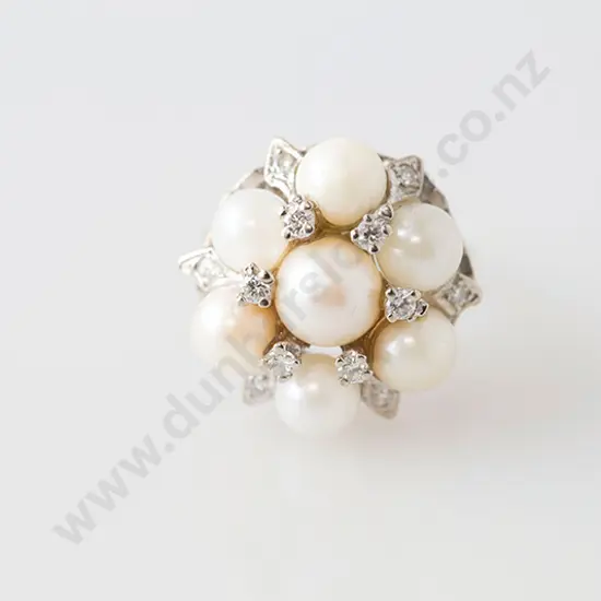 14ct White Gold Seven Pearl and Diamond Cluster Ring