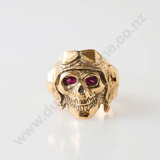9ct Gents Skull Two Synthetic Ruby Dress Ring