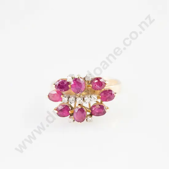14ct 17stone Ruby & Diamond Princess Style Cluster Ring