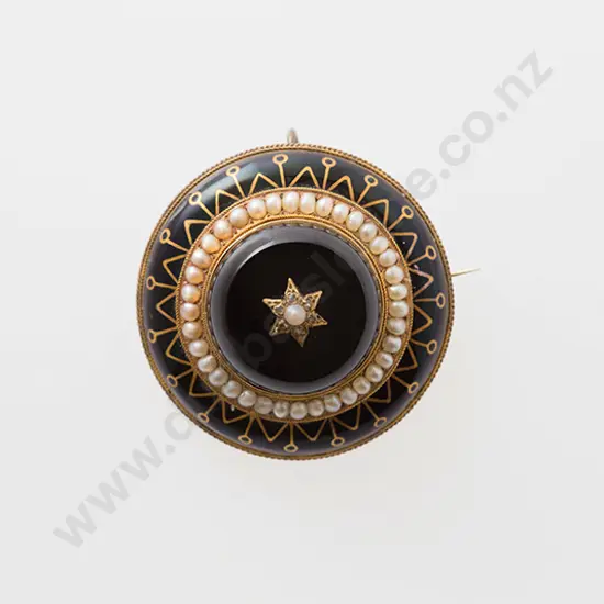 Victorian 15ct French Jet & Black Enamel Target Brooch