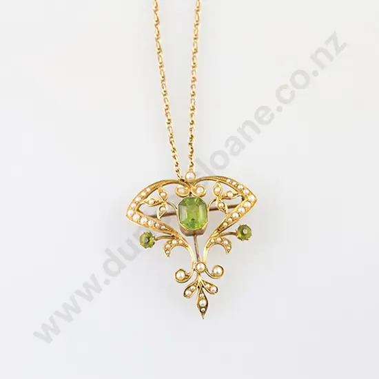 Edwardian 15ct Green Peridot and Seed Pearl Shield Pendant