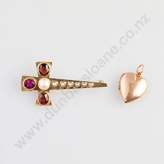 9ct Pearl and Garnet Cross Brooch and Heart Locket