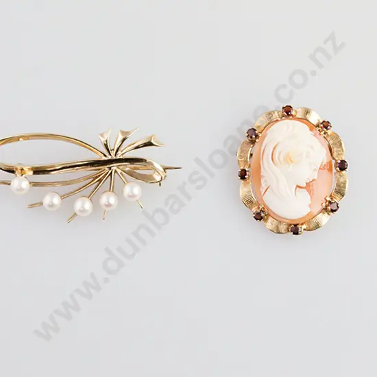 9ct Classic Portrait Cameo Brooch and Pearl Brooch