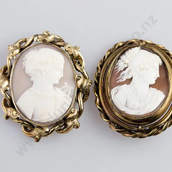 Two Victorian Classical Portrait Cameo Brooches