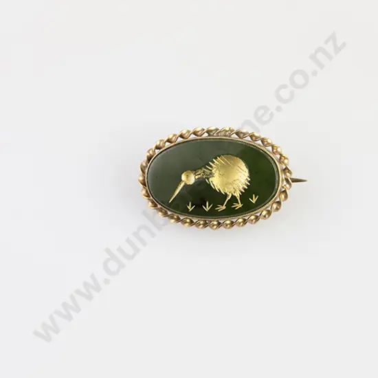 9ct Mounted Greenstone Panel Brooch