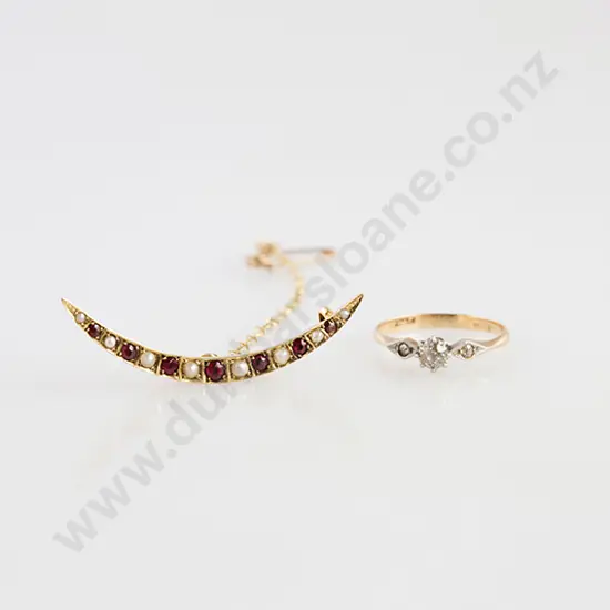 Victorian 9ct Crescent Ruby & Pearl Brooch and Solitaire Diamond Ring