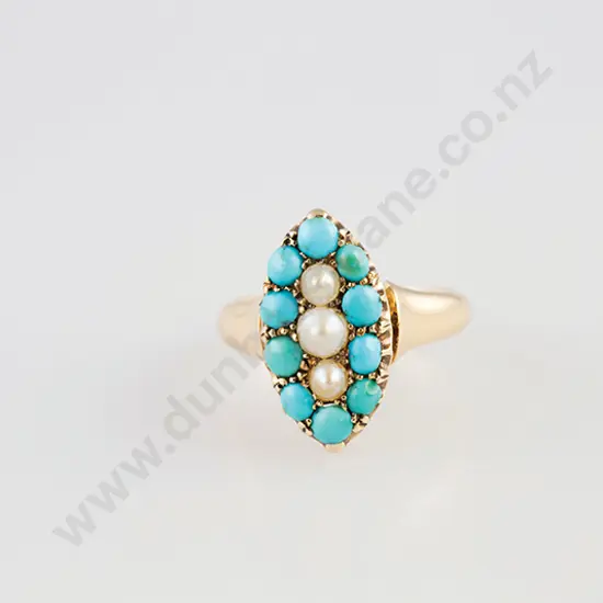 Victorian 18ct 13stone Pearl and Turquoise Marquise Cluster Ring