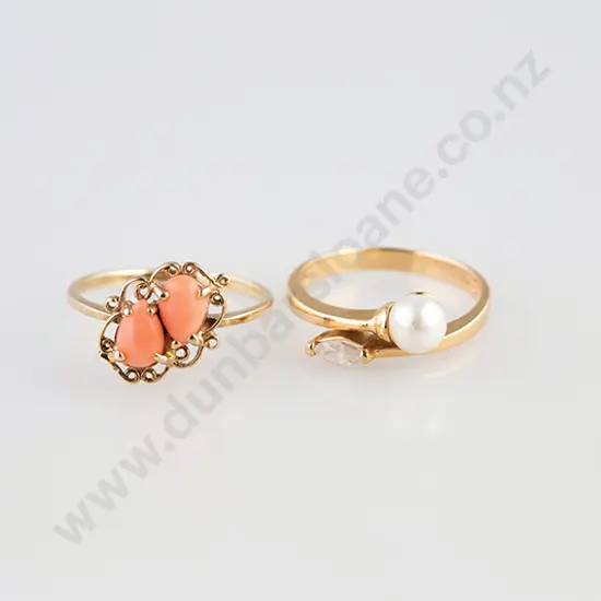 17ct Single Pearl and Diamond Ring and Coral Ring