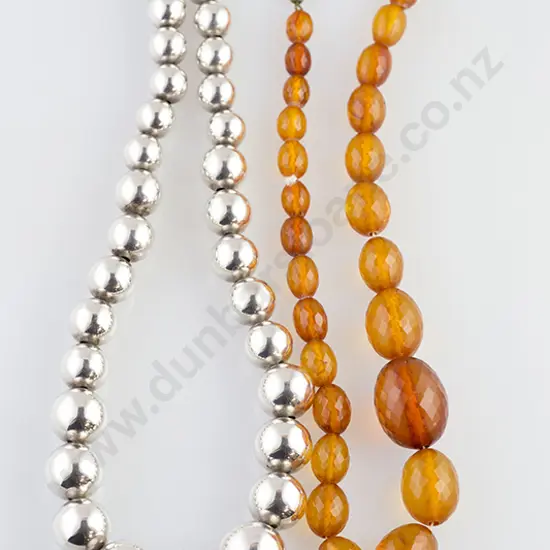 .925 Single Strand Graduated Silver Bead Necklace and Amber Necklace