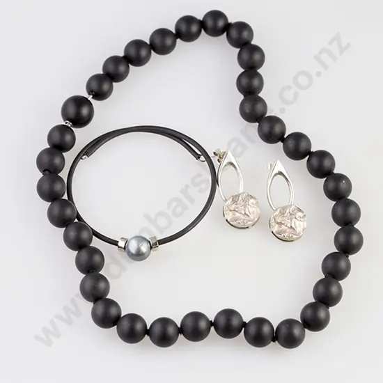 Single Strand Matt Black Bead Necklace, bracelet and silver earrings
