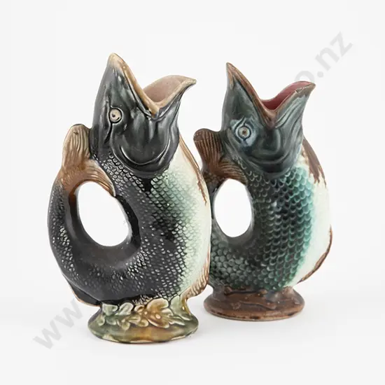 Three Majolica Glazed Fish 'Gluggle' Jugs