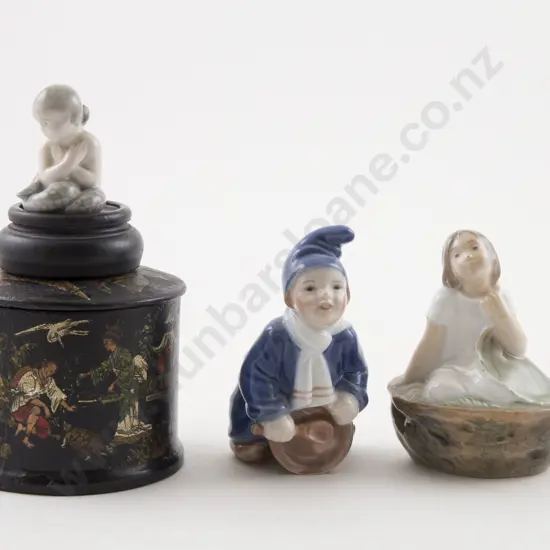 Collection of Three Royal Copenhagen Figures, Lacquered Pot