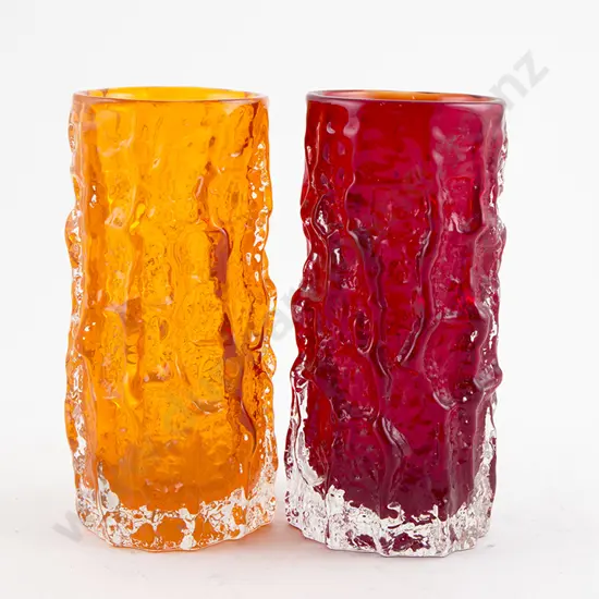 Two Whitefriars Encased Glass 'Bark' Vases tangerine and ruby