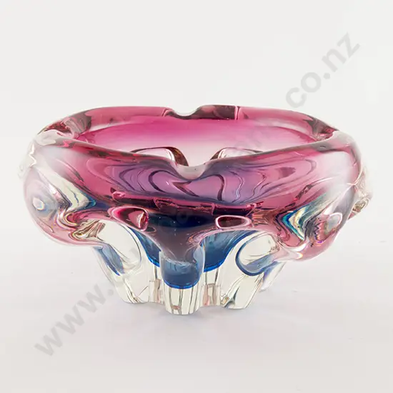 Murano Tinted Cranberry and Blue Encased Glass Ashtray