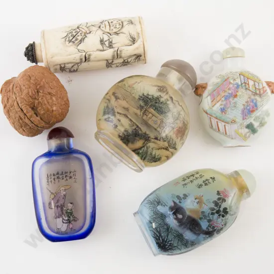 Collection of Five Snuff Bottles and Carved Walnut