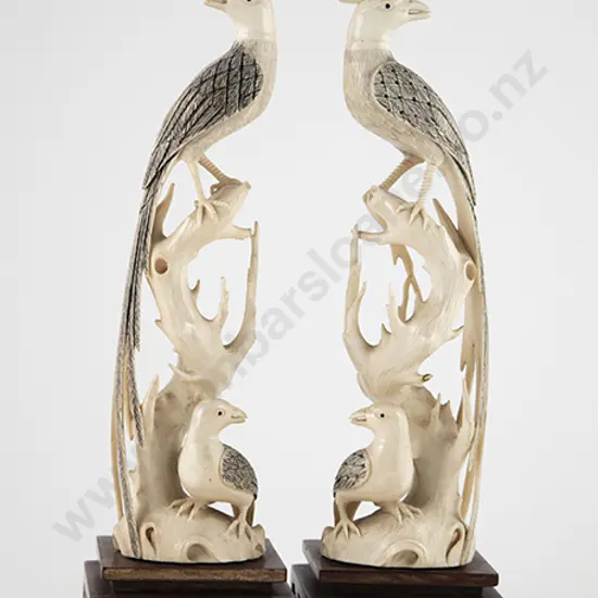 Carved Ivory Pair of Exotic Bird Figures