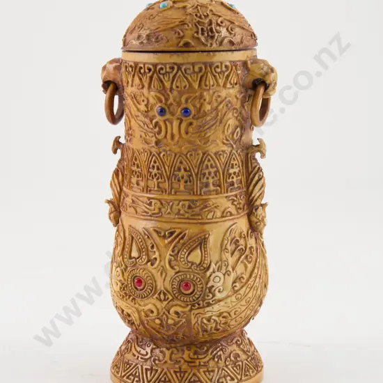Large Signed Carved Ivory Covered Urn