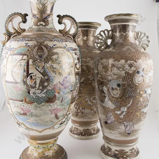 Late C19th Exportware Satsuma Pair and Single Mantel Vases