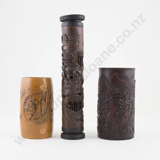 Two Bamboo Brush Pots and Scroll Holder