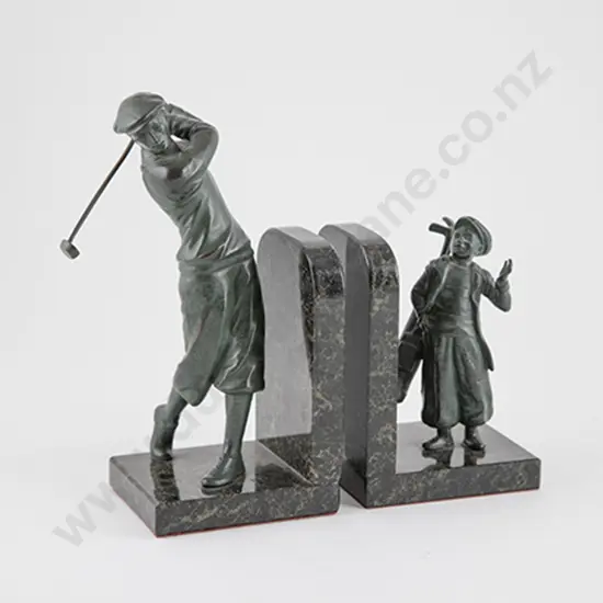 Art Deco Bronze & Marble Golfer & Caddy Bookends