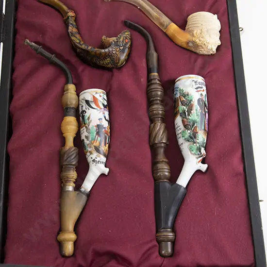 Cased Display Of Four Vintage Pipes