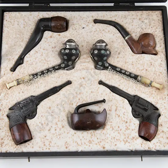 Cased Display Of Seven Vintage Pipes