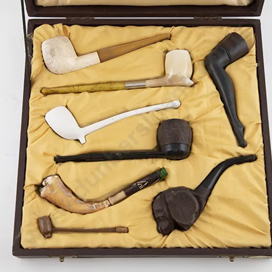 Cased Display Of Eight Vintage Pipes