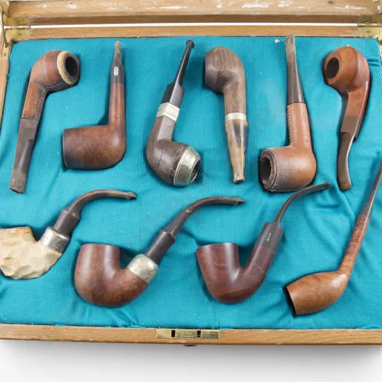Oak Cased Display Of Ten Various Pipes