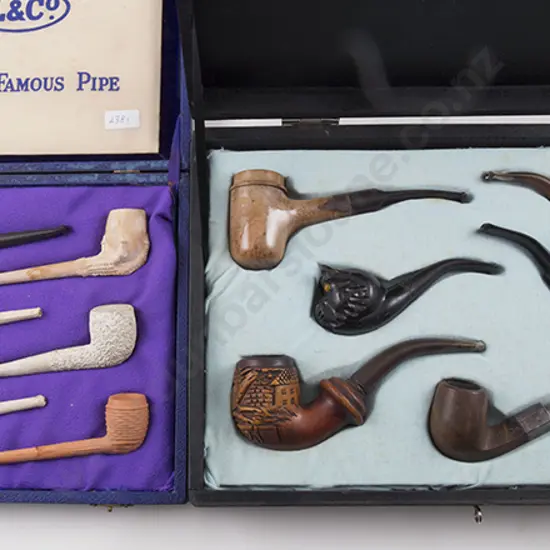 Cased Display Of Six Various Pipes and Clay Pipes