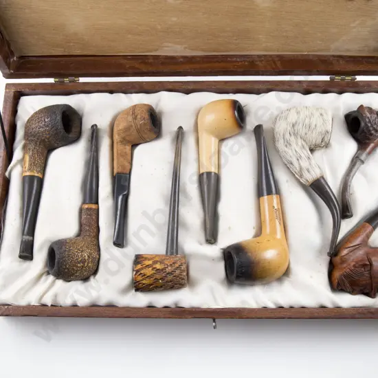 Mahogany Cased Display Of Nine Various Pipes