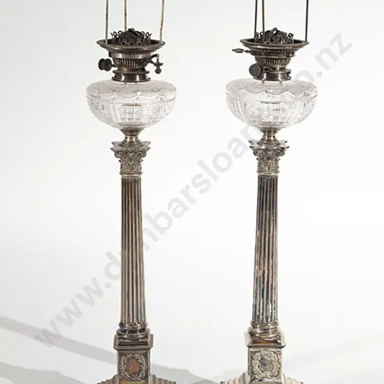 Pair Of  Tall S/P Corinthian Column Oil Lamps