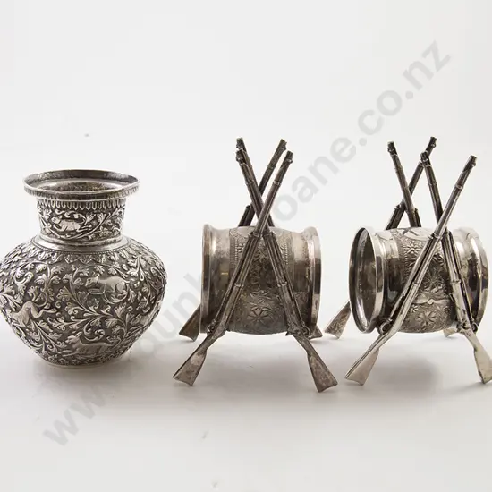 Pair S/P Napkin Rings & Indian Vase