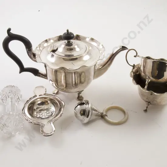 S/S Rattle, 3 Pce S/P Teaset & Strainer, Pair Glass Knife Rests