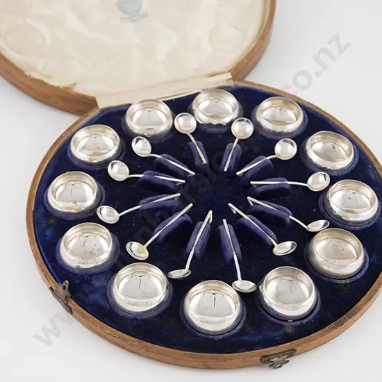 Oak Cased Set Of 12 Russian Silver Salts & Spoons